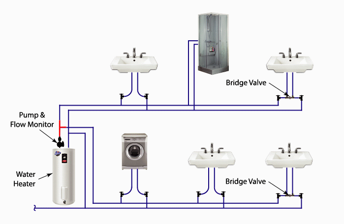 Image of a tank water heater with 2 branches and a recirc pump.